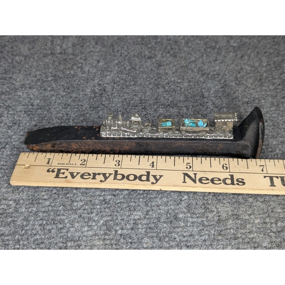 Railroad Spike With Silver Model Train On Top Hauling Topaz 7" Long - Picture 7 of 8